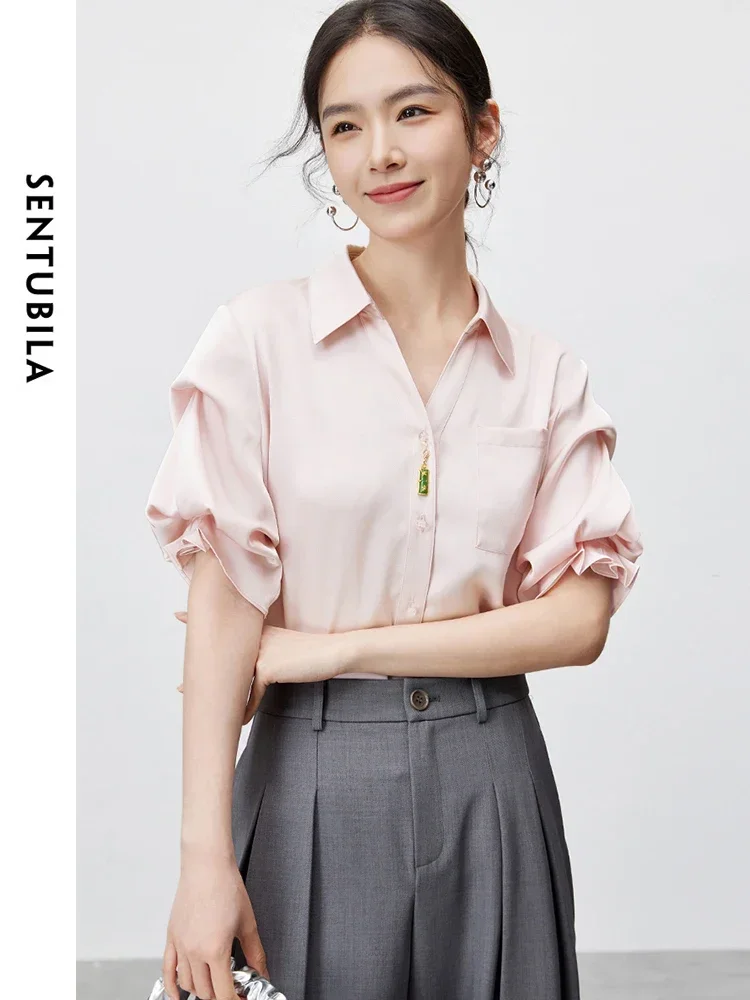 

SENTUBILA Fashion Polo Collar Button Up Women's Shirt 2025 Summer New Commuter Straight Short Sleeve Blouses Ladies 162CA6586X