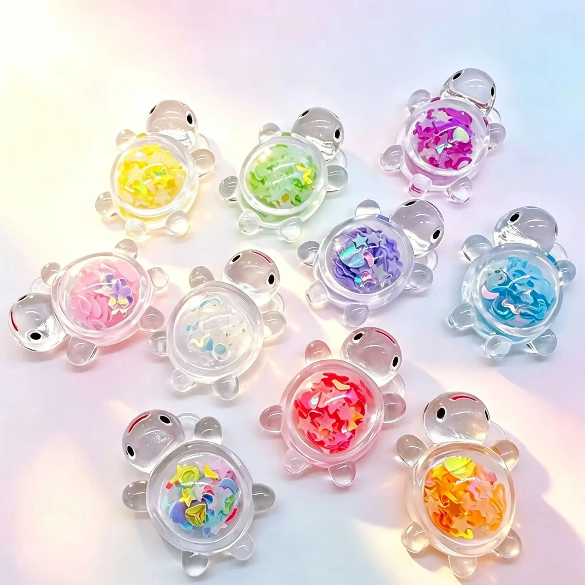 10pcs/Lot Luminous Sequins Turtle Charms Transparent Resin Mini Tortoise Figurines DIY Craft Accessories for Keychain Jewelry
