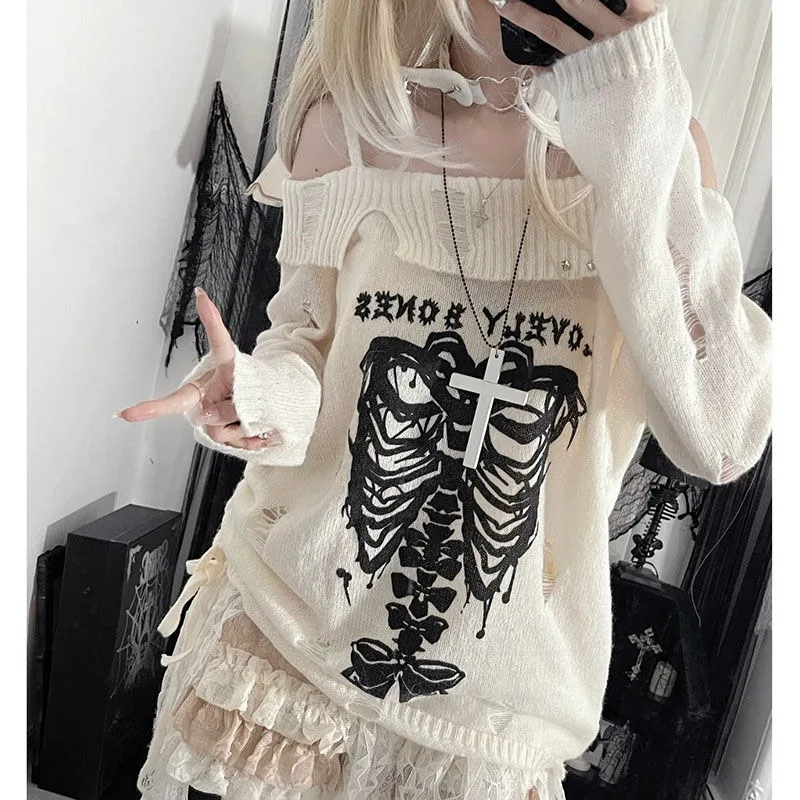 Deeptown Gothic Y2k Women Sweater Off Shoulder Pullovers Harajuku Anime Graphic Knitwear Hollow Out Kint Spring Oversize Jumper