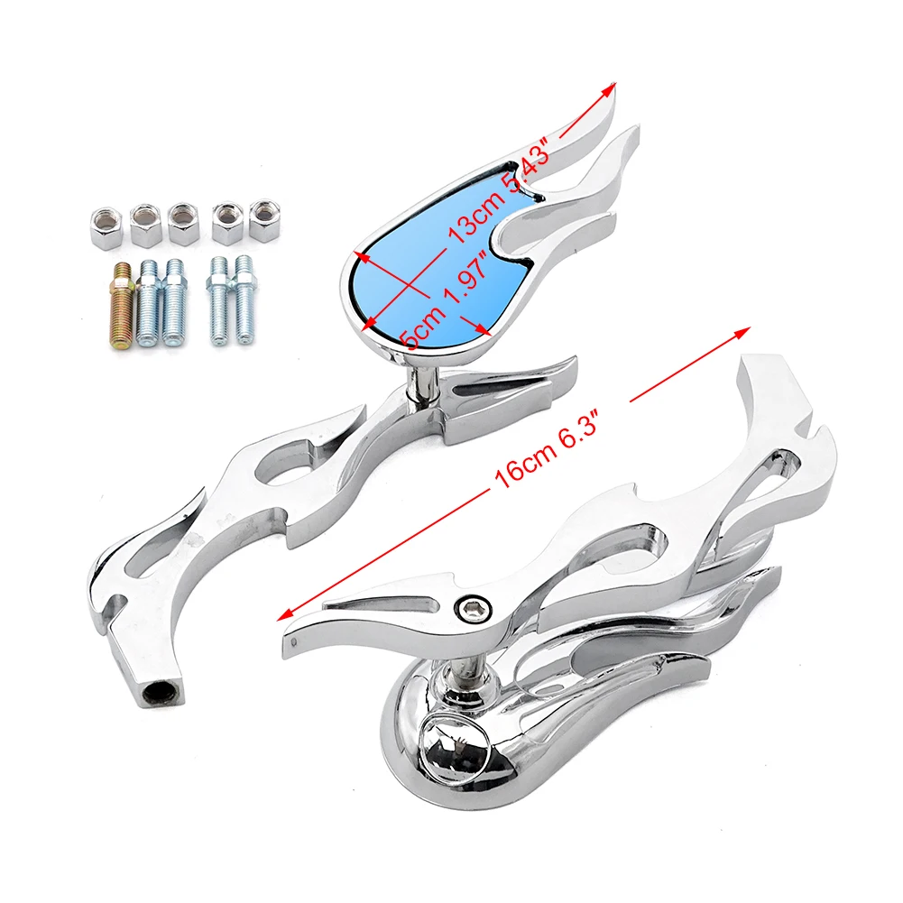 8mm 10mm Universal Chrome Billet Mirrors Flamed Stems 3D Flames For Harey And Other Motorcycles Mirror