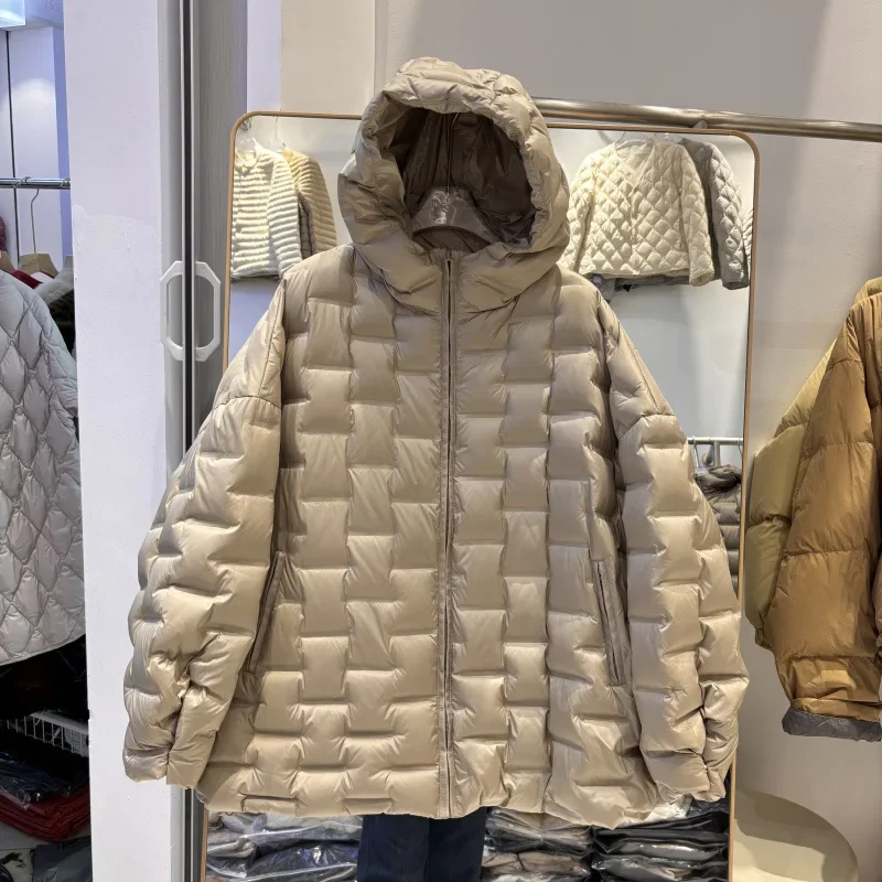 Winter Korean Version of Three-dimensional Block Lightweight White Duck Down Jacket with Glue Plus Size Hooded Jacket for Women