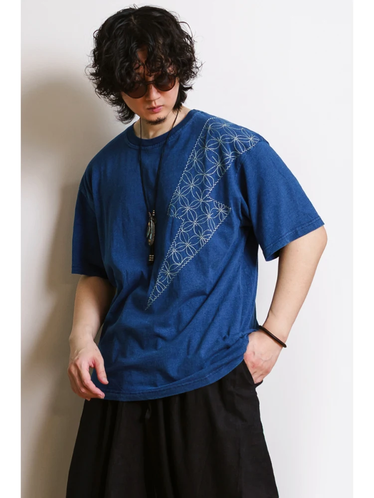 تي شيرت قطني كاجوال بأكمام قصيرة بنمط ياباني مصبوغ باللون الأزرق من القطن الخالص فضفاض للصيف برقبة مستديرة يواكب اتجاهات الشباب #2
