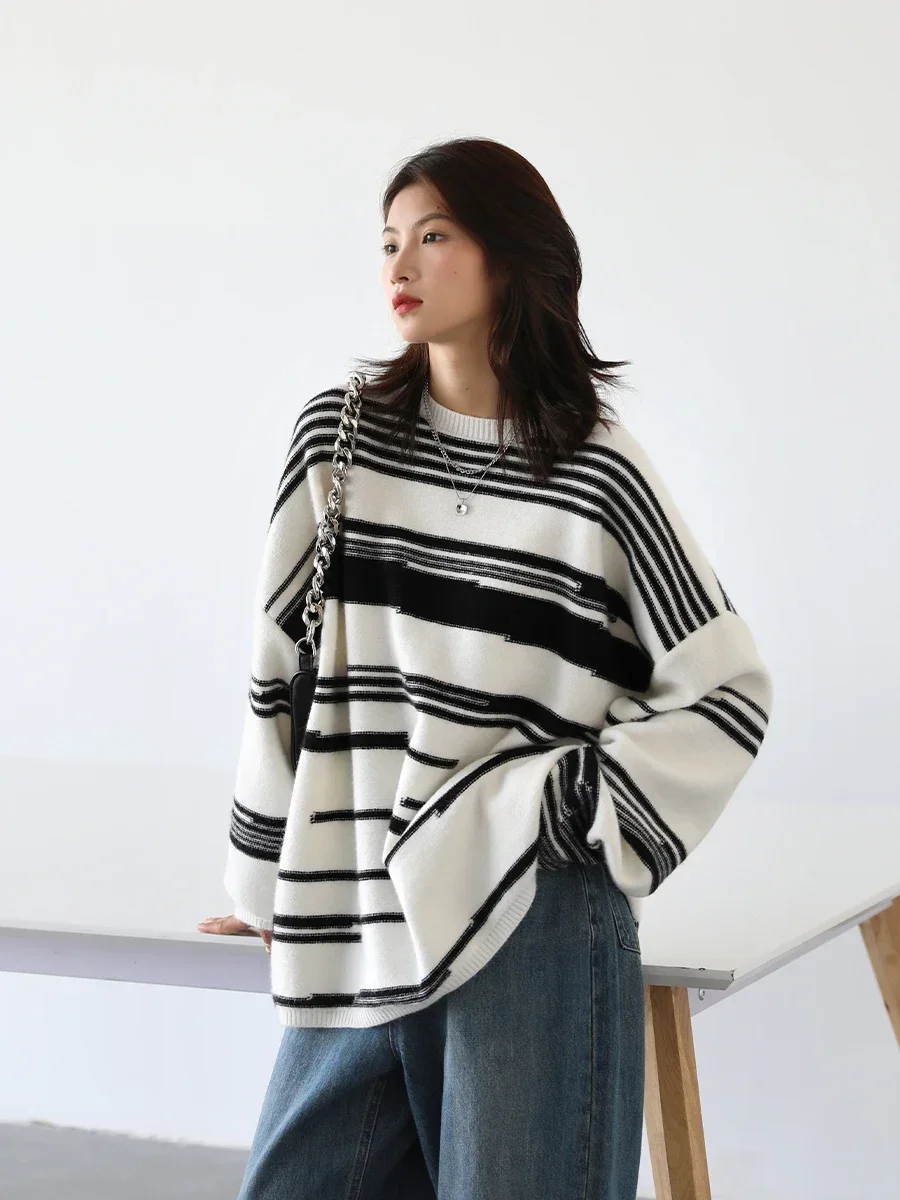 CHIC VEN Women Sweaters Streetwear Casual Loose Pullover Stripe Women\'s Jumpers Thick Warm Female Tops Autumn Winter 2023