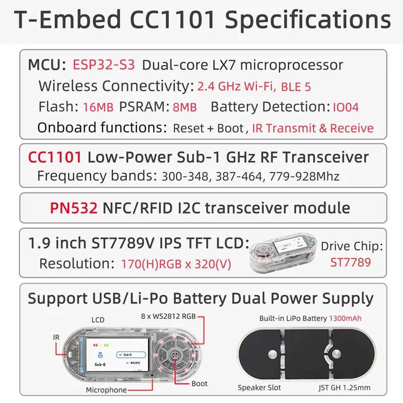 AA58 LILYGO New T-Embed ESP32-S3 CC1101 Low-Power GHz RF Transceiver PN532 NFC RFID I2C Module LCD Board Battery 1300mAh