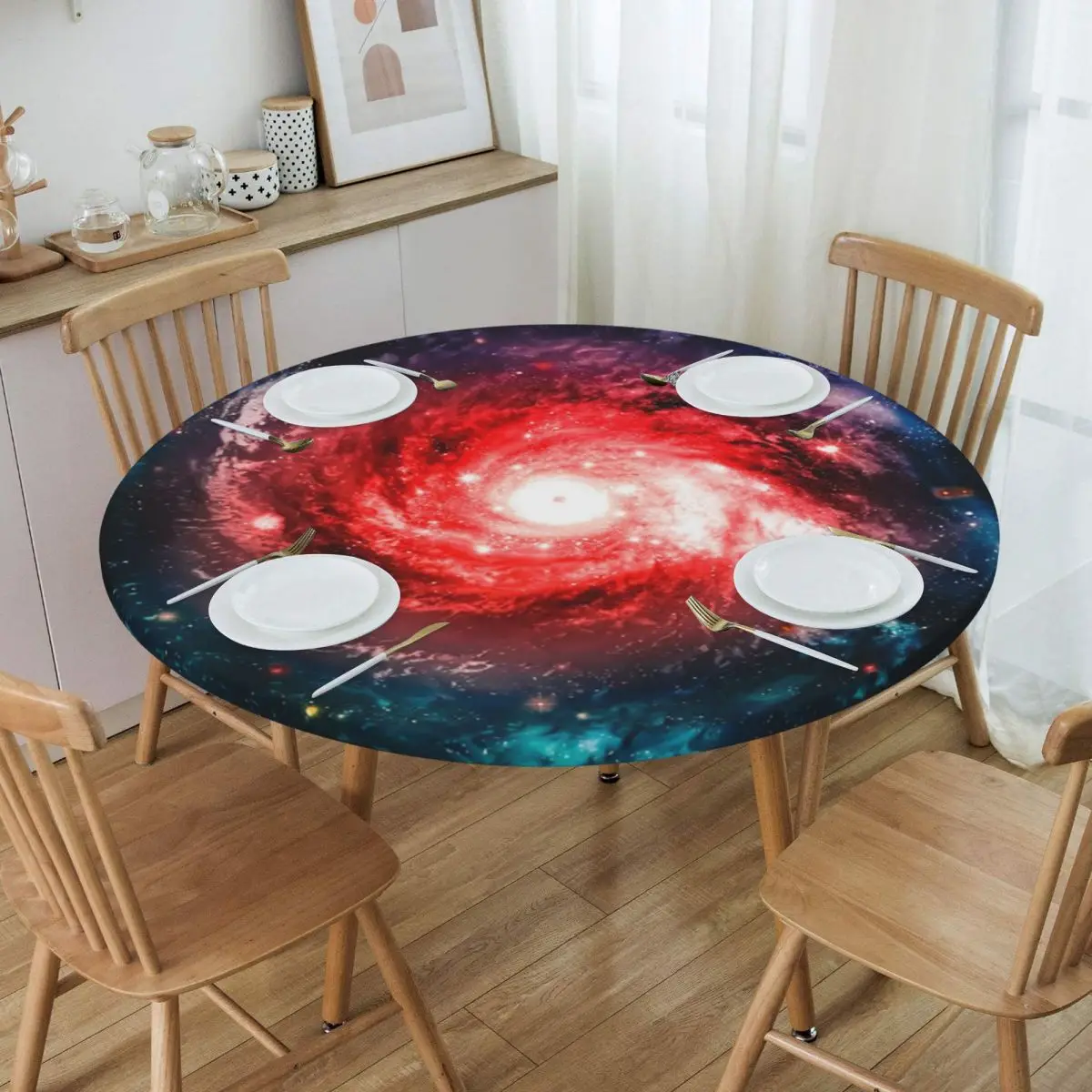 The Rosette Nebula Tablecloth Round Elastic Fitted Oilproof Galaxie Cosmos Space Table Cloth Cover for Kitchen