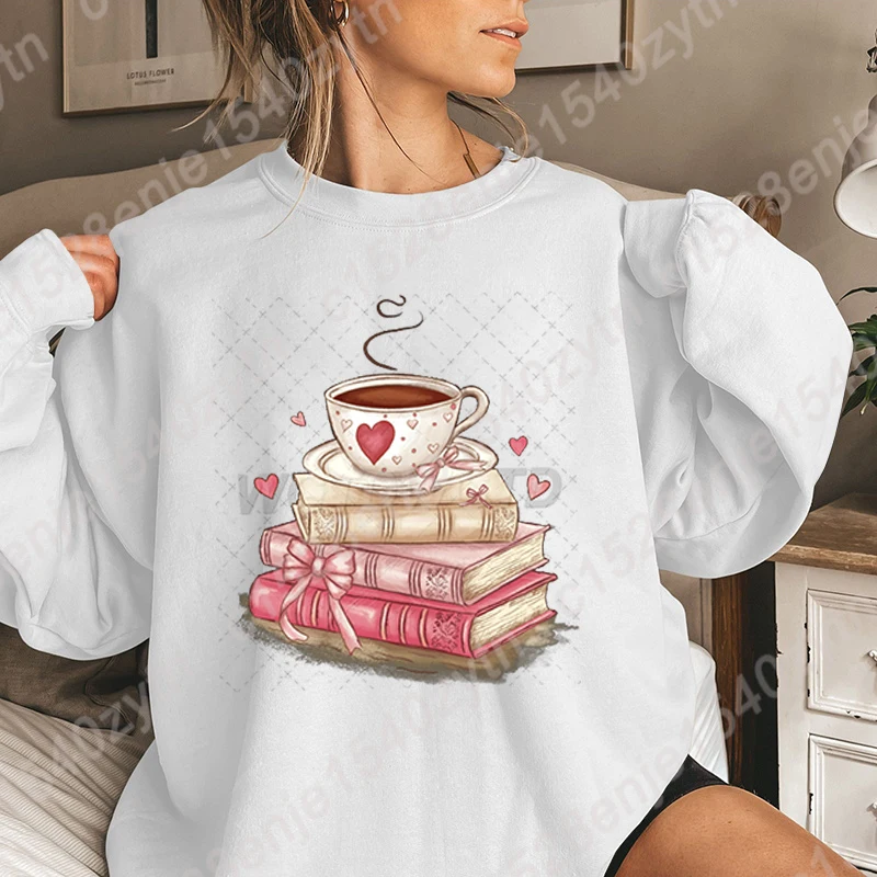 Women Fashion Creative Tops Valentine's Day Book Coffee Print Pullovers Pure Color Autumn Winter Long Sleeve Hoodless Sweatshirt