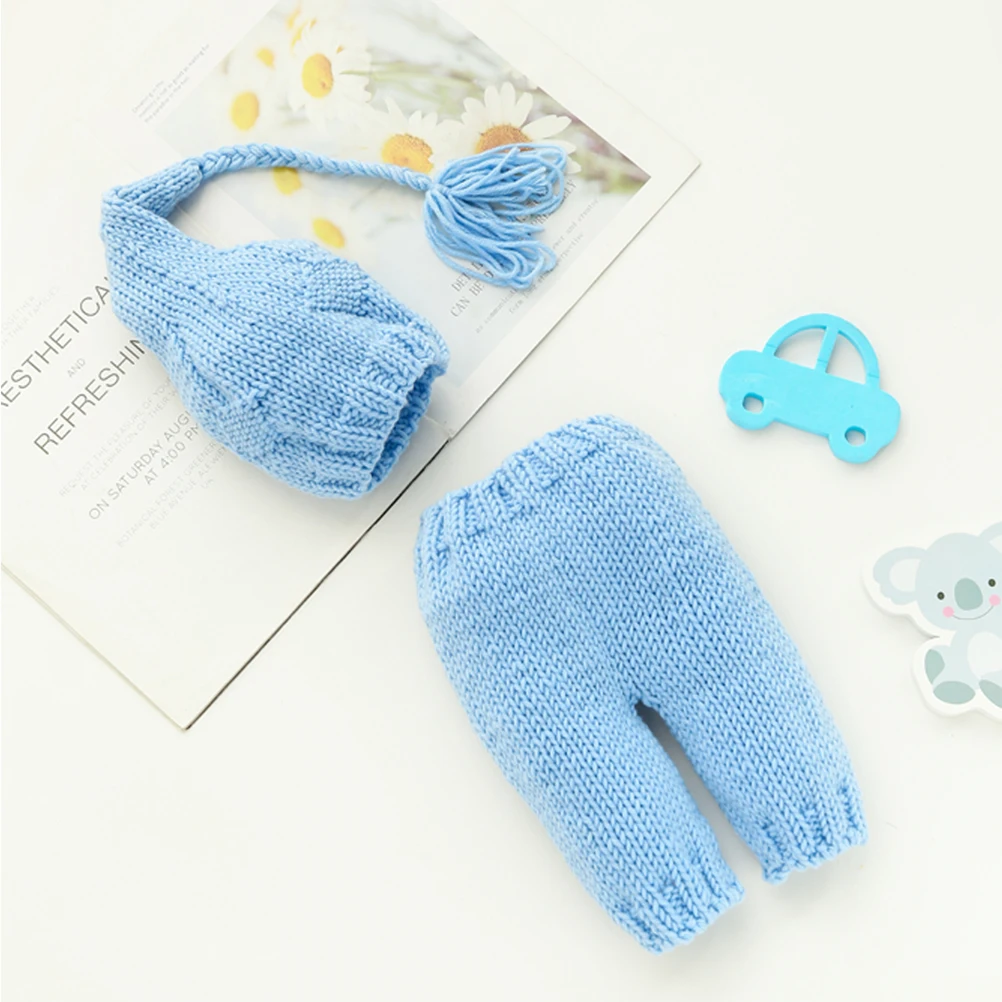 

Light Blue Baby Knitted Outfits 0-3 Months Long Tail Hat Newborn Clothing for Photo Shoots Comfortable Handmade Infant Apparel