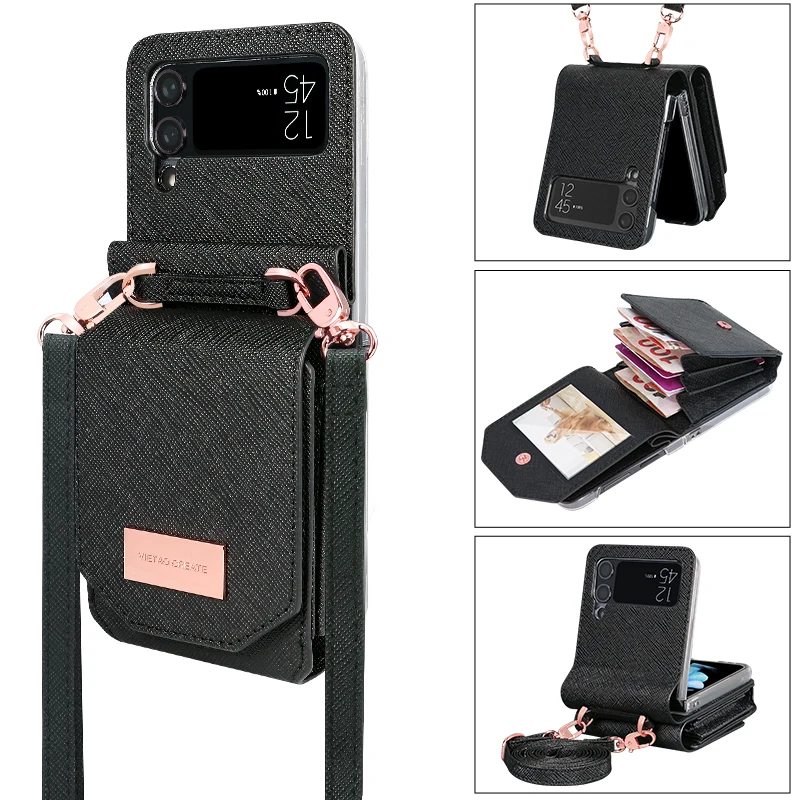 Vietao-Z Flip 4 Cards Wallet Case With Crossbody Strap, Rose Gold PU Leather Purse Phone Case For Samsung Galaxy Z Flip 3, z5 z6