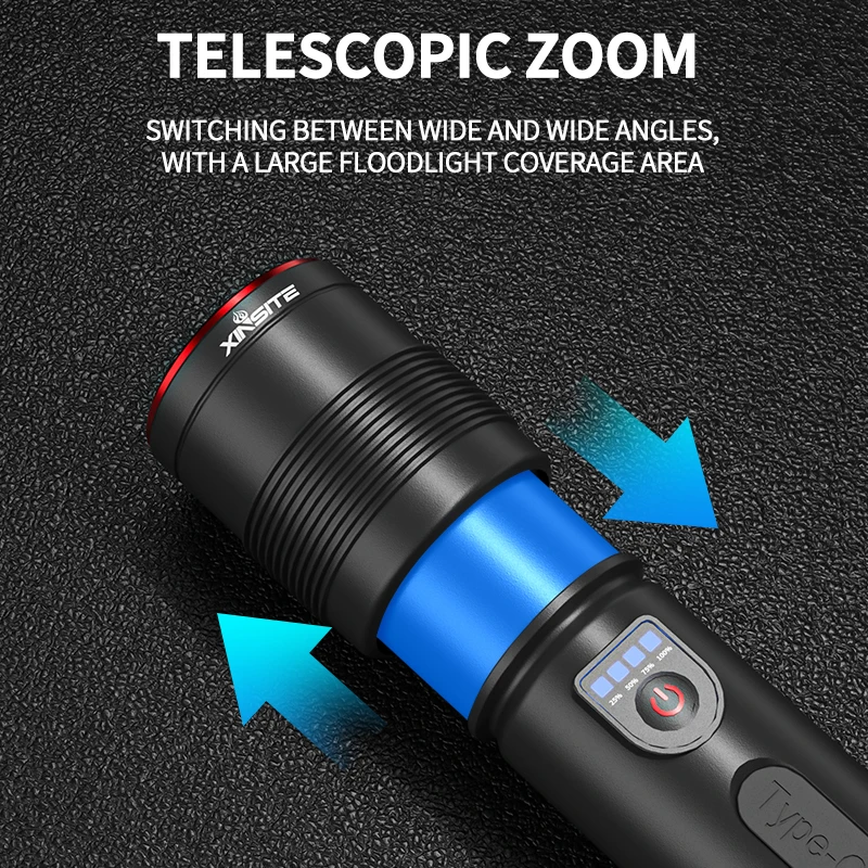 High Power Spotlight Long Range LED Flashlight With Luminous Strips Tail Glass breaker Zoomable Torch For Camping Emergency