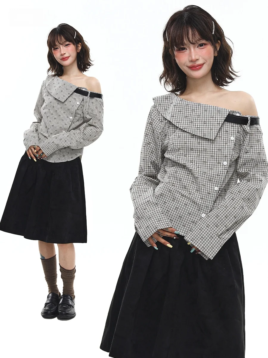 

Sanowers Plaid Long Sve Slim Fit irt Women's Spring Autumn ort Sle Belt Design Casual Faion Outerwear Coat