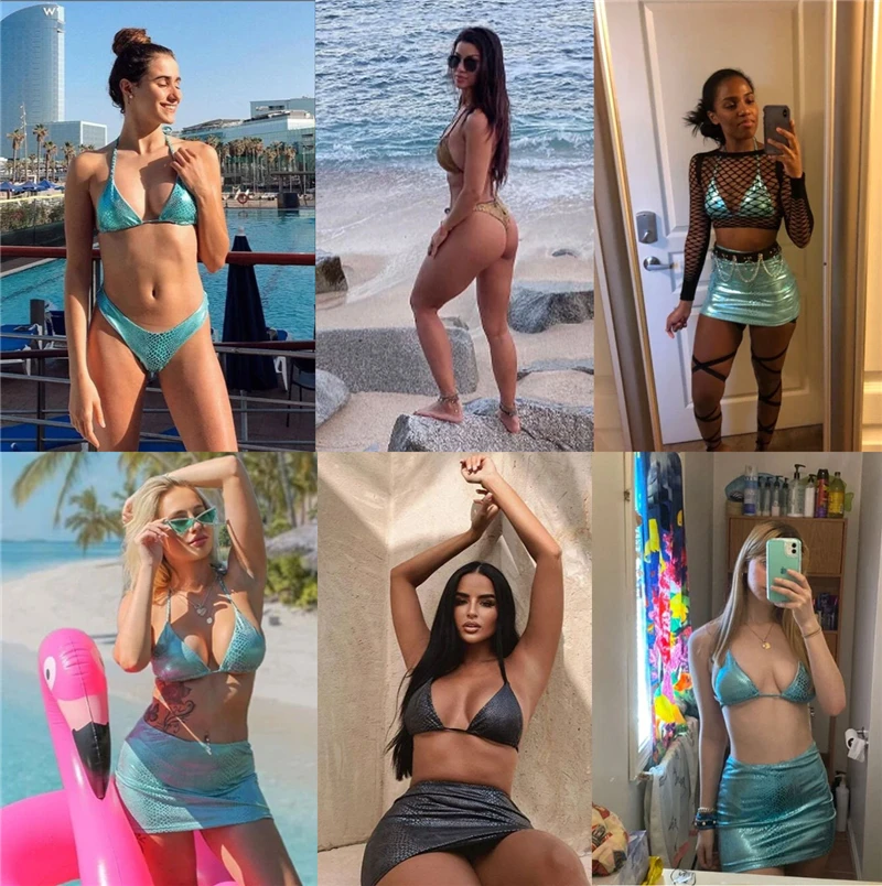 3-częściowe bikini Trend stroje kąpielowe brokatowy nadruk wężowej skóry strój kąpielowy 2024 kobiety błyszczący seksowny dekolt w serek moda strój kąpielowy z wysokim stanem