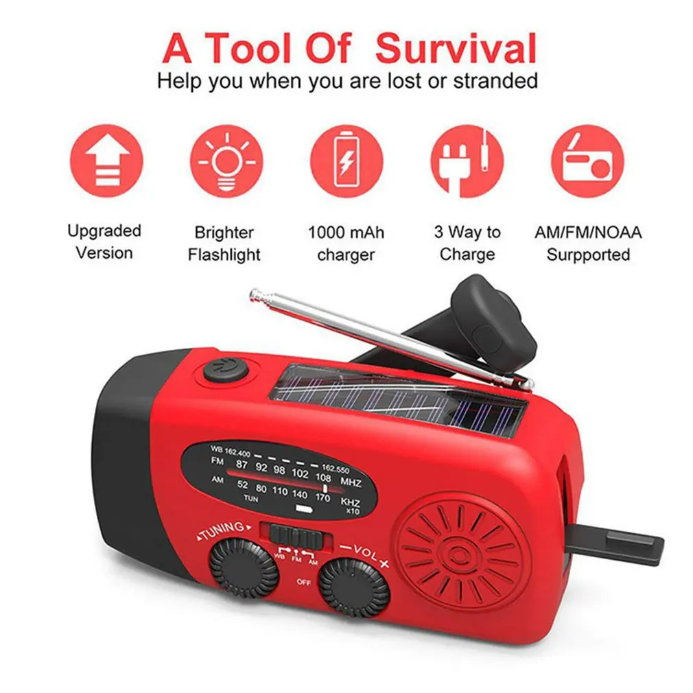 Portable Multifunction Radio Solar Hand Crank Dynamo Power AM FM NOAA Weather Radio Emergency Flashlight 2000mAh Power Bank