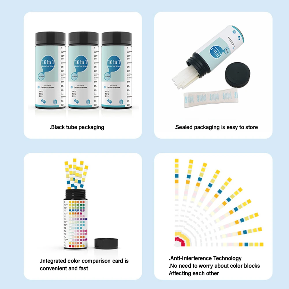 Yieryi 16 in 1 Water Test Strips 100pcs Accurate Hardness Testing pH Chlorine Meter for Pool Drinking Water Aquarium Spa Pond view 5