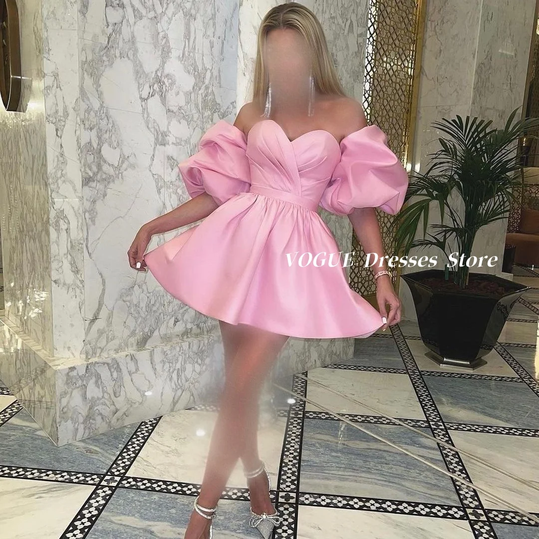 

Puff Sleeve Short Prom Dresses Sweetheart Neck Pink Satin Homecoming Party Dresses vestidos de gala فساتين سهرة Customized