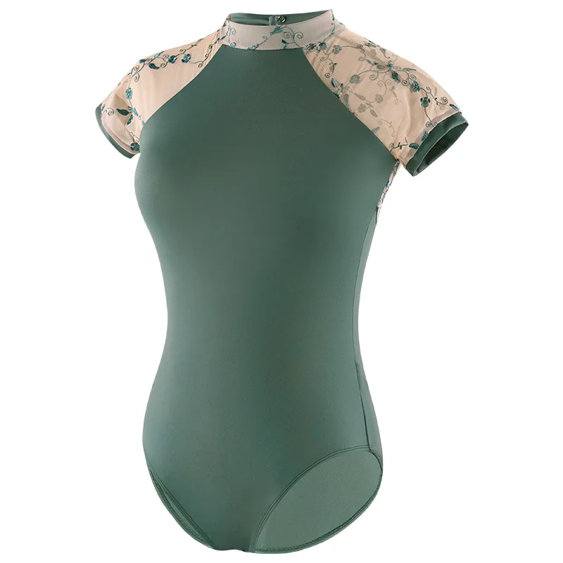 女性バレエレオタードスタンドカラー刺繍半袖ダンスレオタードナイロンスプライスバレエボディスーツ大人の体操レオタード