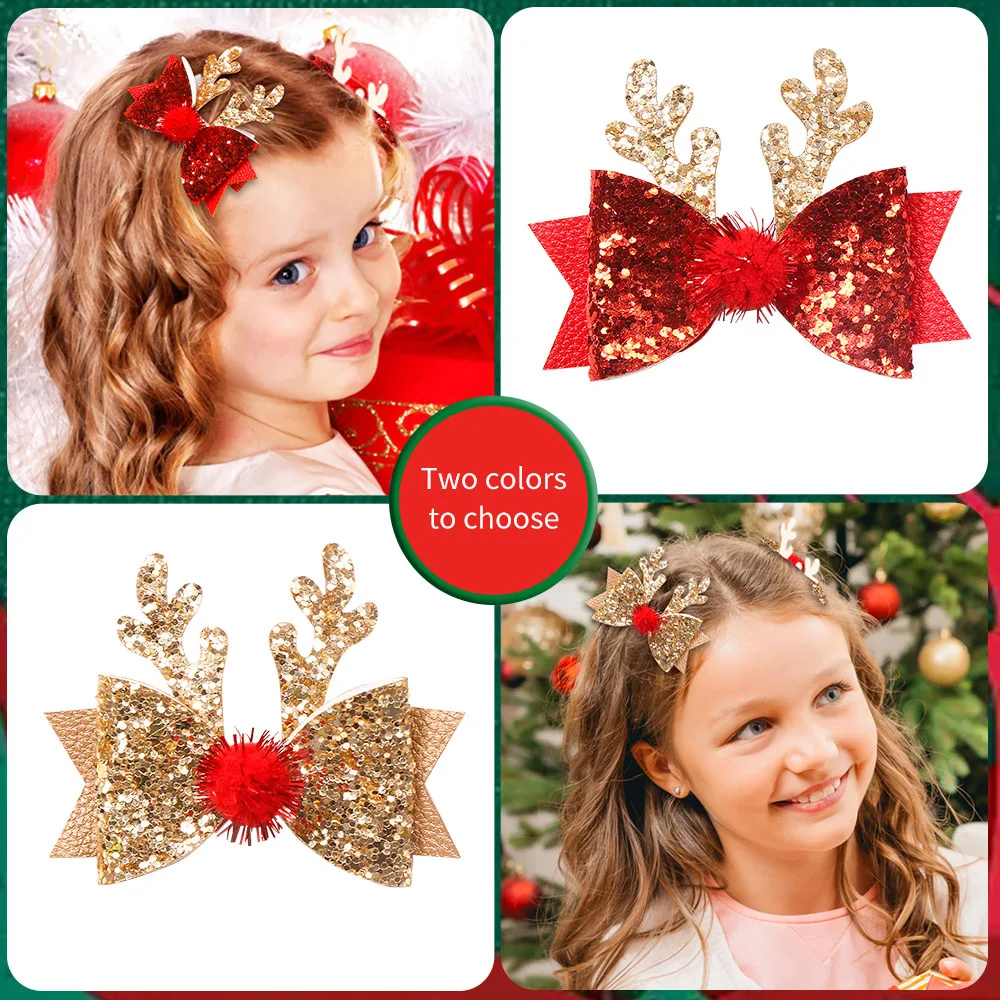 Christmas Reindeer Antler Hair Clip for Kids Girls, Glitter Barrettes with Fluffy Deer, Butterfly Knot Headwear hair clips