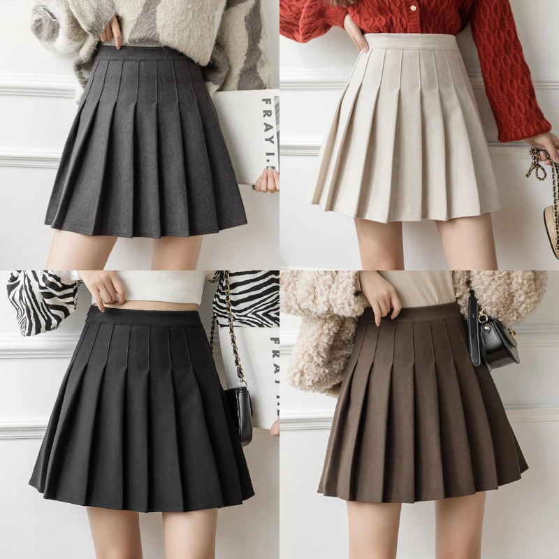 

Winter Woolen Skirt Women Solid High Waist Pleated Mini Skirts Vintage School A Line Falda Plisada Beige Grey Black Brown M03