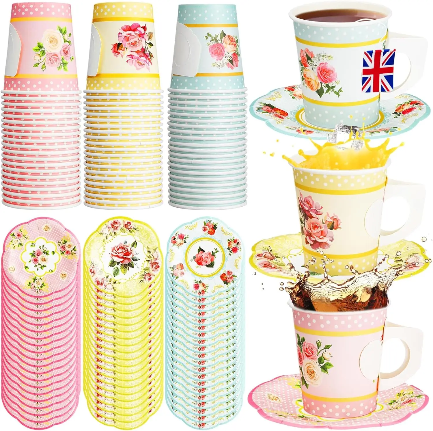 

60 Sets Floral Paper Tea Cups and Saucers, 7 oz Disposable Cups with Handle and Plates Tea Party Decoration for Birthday