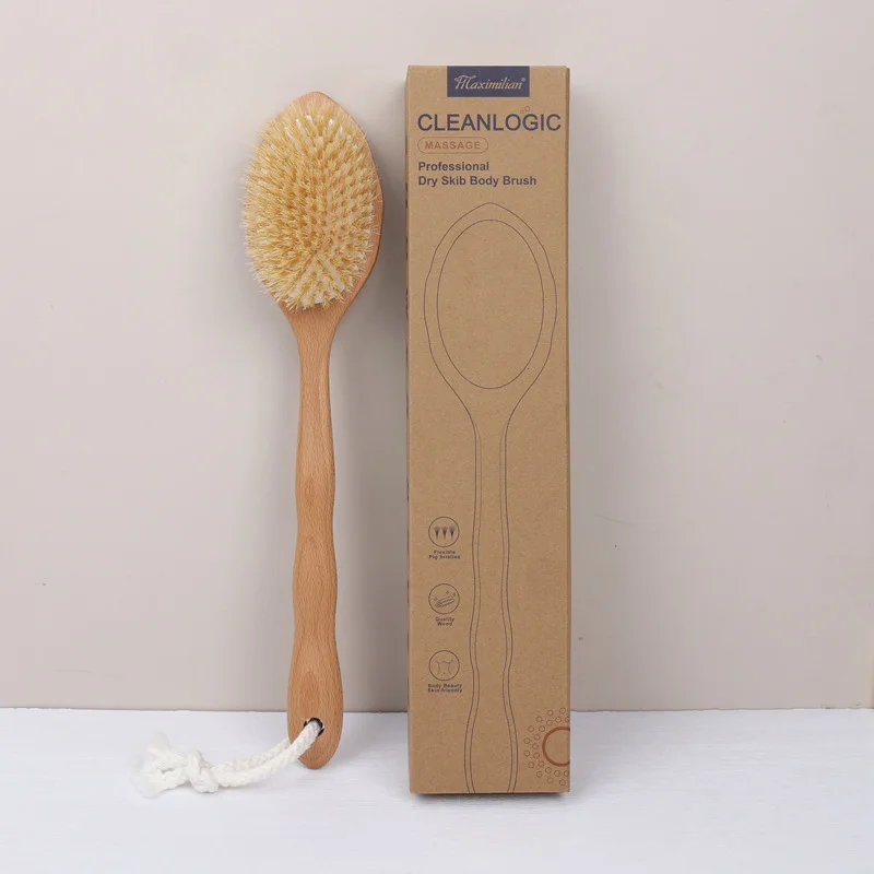 Bathroom Bath Brush  Bath and Back Rub Solid Wood Brush  Bath Brush Long Handle Pig Hair Brush