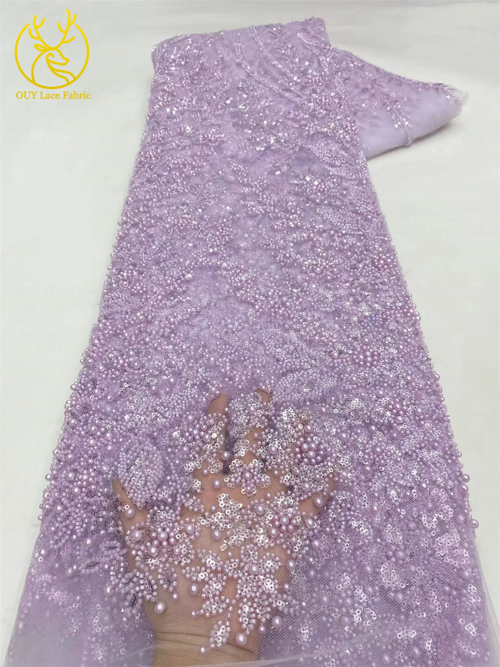 Afrikanischer handgefertigter bestickter Pailletten-Spitzenstoff, blauer französischer Tüll-Mesh-Spitzenstoff, nigerianischer Bankettkleiderstoff – Detail 19