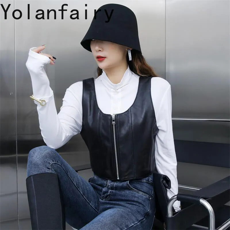 YOLANFAIRY Women Short Genuine Sheepskin Cami Vest 2026 Autumn New Black V Neck Front Zipper Slim Fit Versatile Outer Sling Top