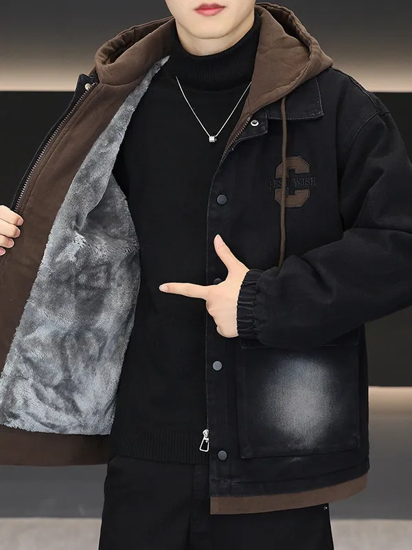 

Thiened Hooded Denim Jaet Men's Warmth Outerwear Autumn Winter New Sle Stand Fit Long Sve Chinese Brand Jeans Cloth