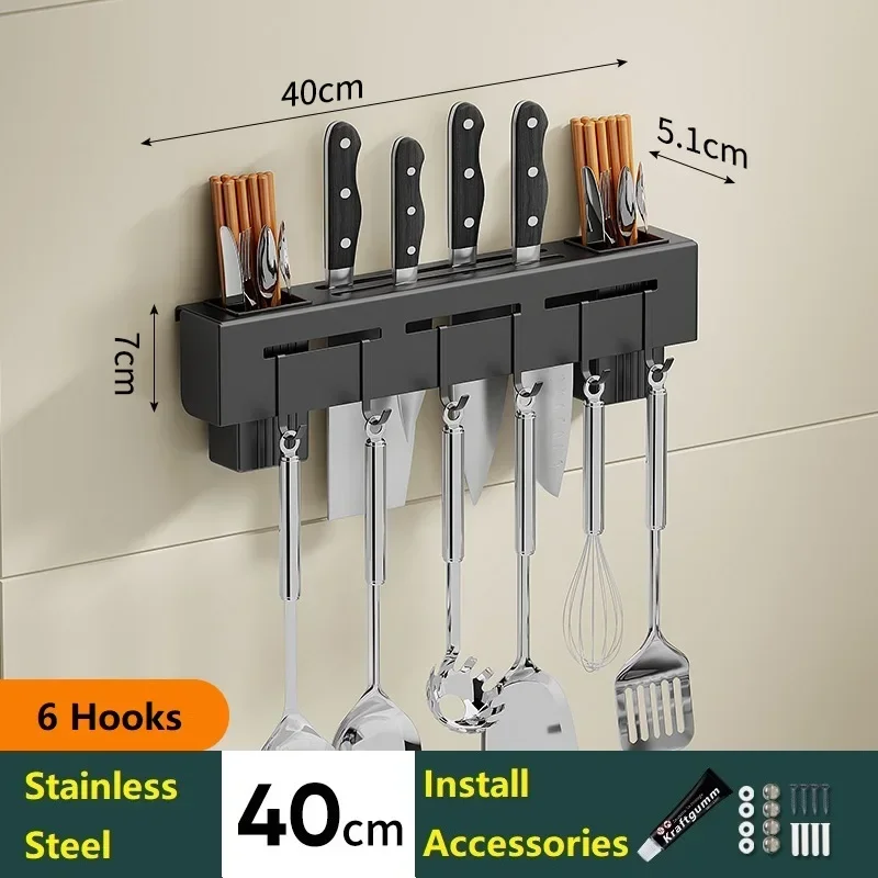 Punch-free Kitchen Hook Wall Hanger for Knife Spoon Pot Lid Holder Cooking Utensil Rack with Sliding Hooks Hanging Rod