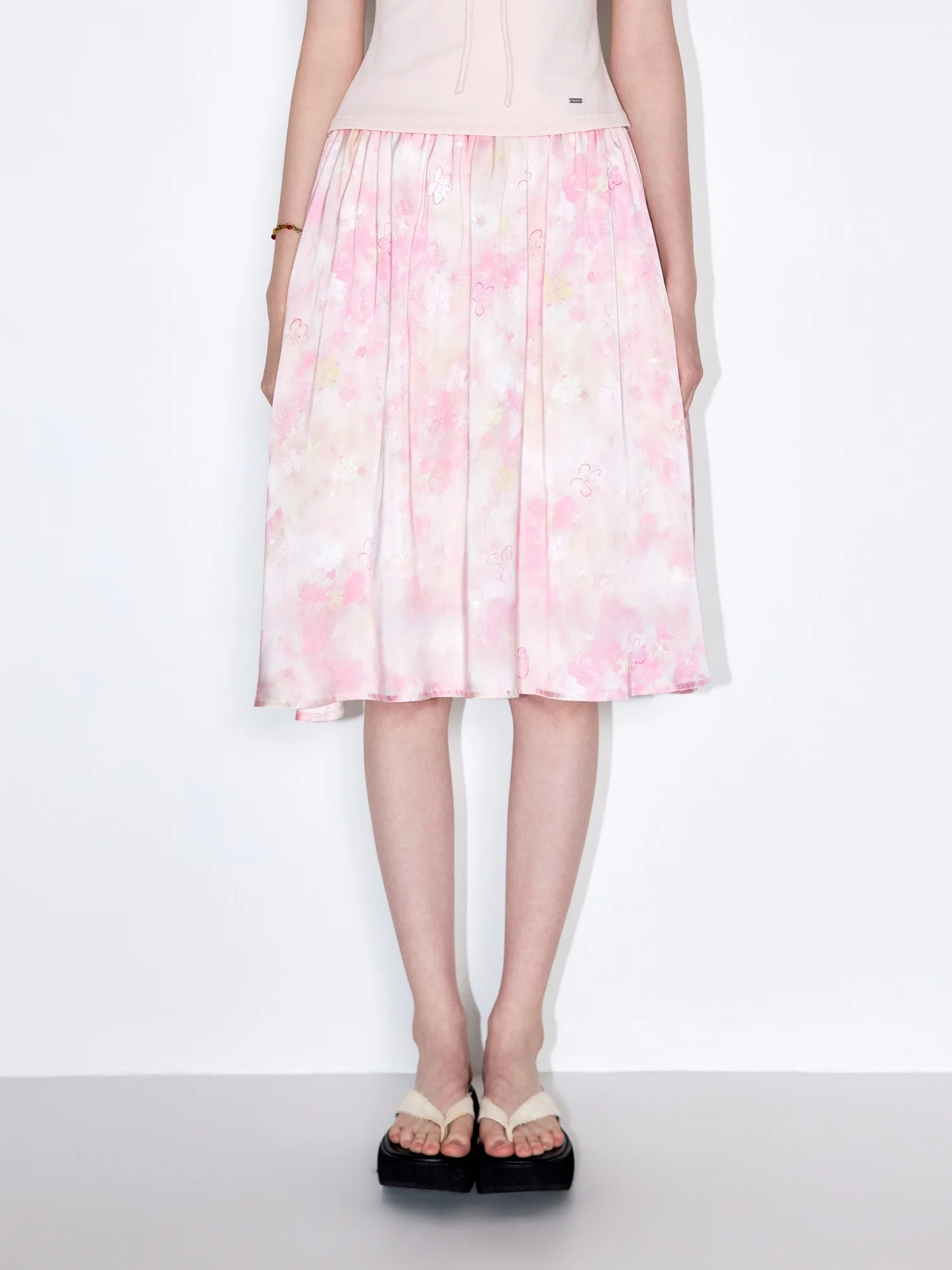 

MoodBerry American Retro Tie Dye Floral Print Half Skirt Women's Summer Pleated Casual Versatile a Line Skirt Polyester Spandex