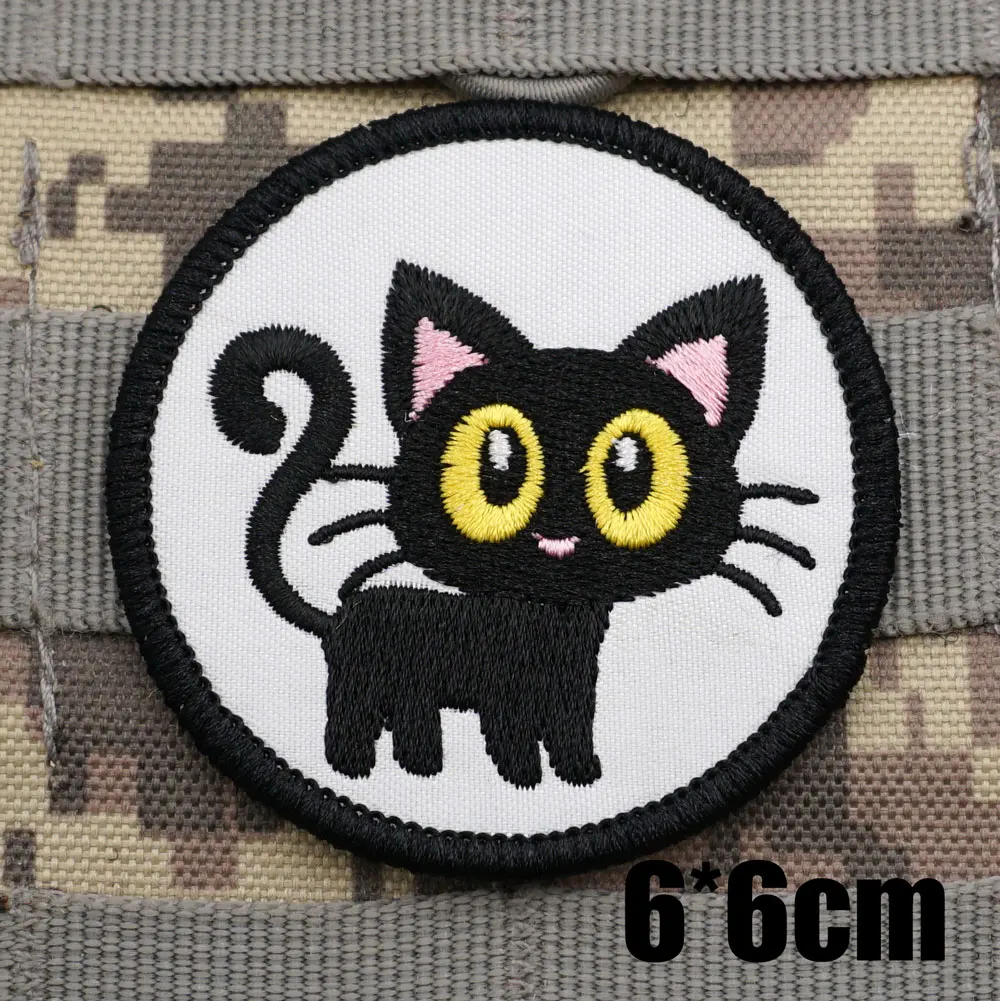 Cartoon Little Black Cat Military Tactical Embroidered Patches Armband Backpack Badge with Hook Backing for clothing