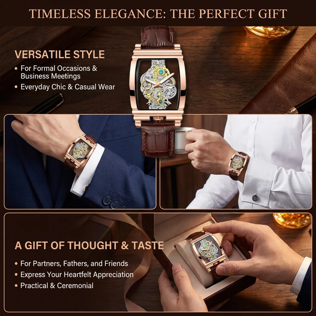 1pcs Skeleton Mechanical Watch Rectangular Rose Gold Tone Brown Leather Strap Unique Blue Accents Stylish Elegant Wristw