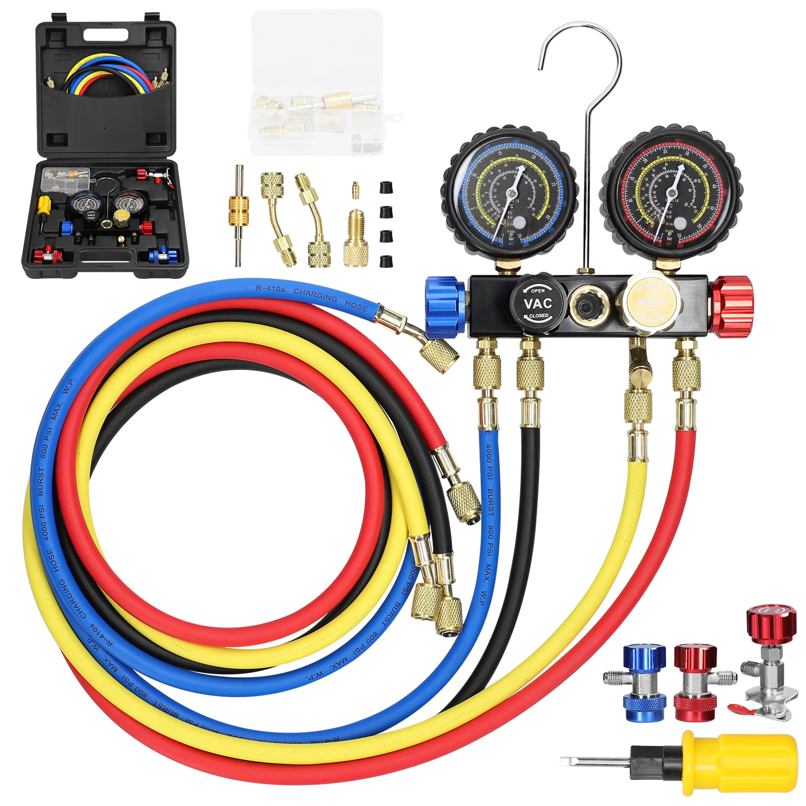 Manifold Gauge Set Air Conditioning Refrigerant Charging Tool 4-Way Dual-Value Pressure Gauge with 5ft Hose Brass Quick Coupler