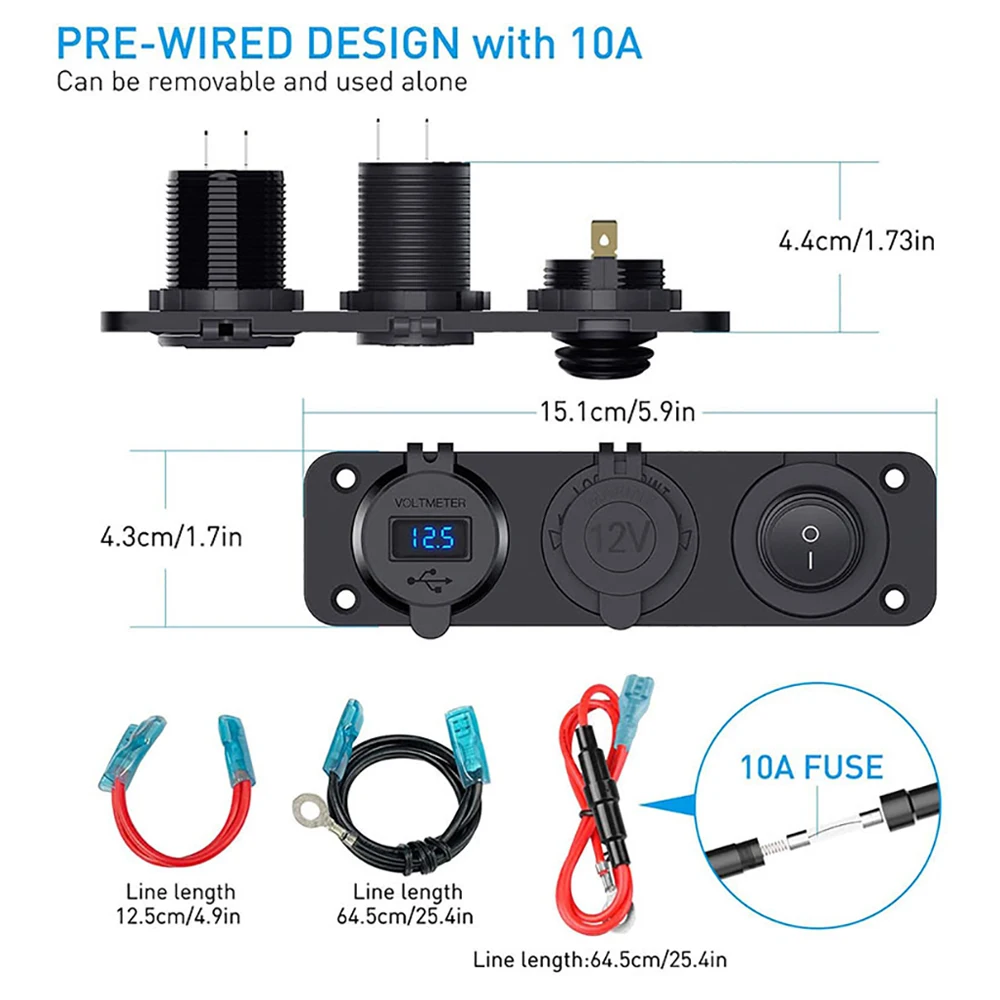 12V Cigarette Lighter Socket 3 in 1 Waterproof Car Dual QC3.0 USB Outlet Panel for RV Marine Boat Power Socket Charger Socket