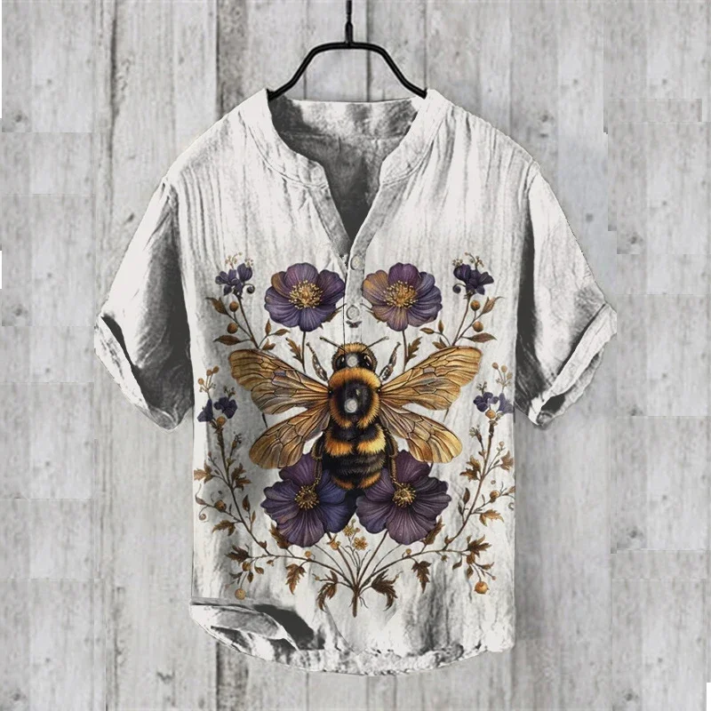 Spring and summer new style bee print V-neck short-sleeved shirt foreign trade fashion casual loose bamboo linen shirt top