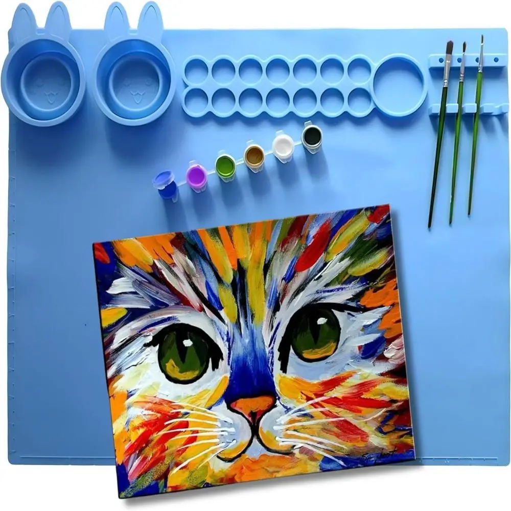 

Silicone Painting Mat with 16 Paint Tray, 7 Well Palette and 3 Drawing Brush Holder for Painting Blending Watercoloring