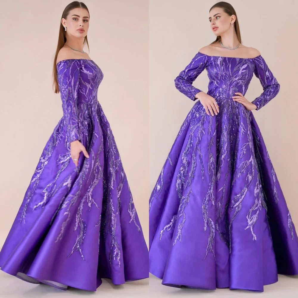

Customized Luxury Purple Satin Evening Dresses Fashion Off the Shoulder Long Sleeves Homecoming Dresses Modern Prom Dress