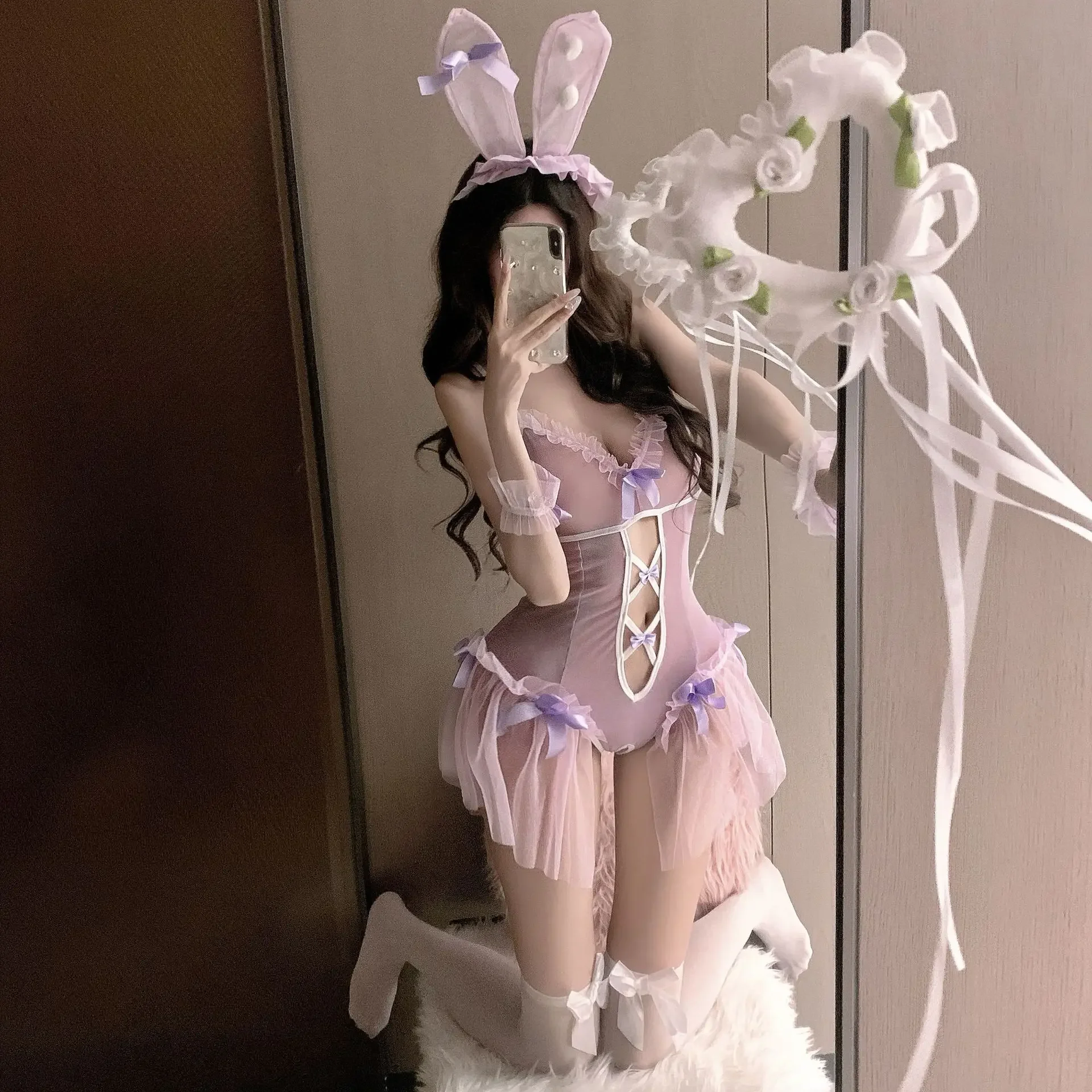 

Sexy Cute Pure Desire Nighttime Roleplay Underwear Tempting Maid Uniform Hot Rabbit Girl Costume Alluring Open-Crotch Design