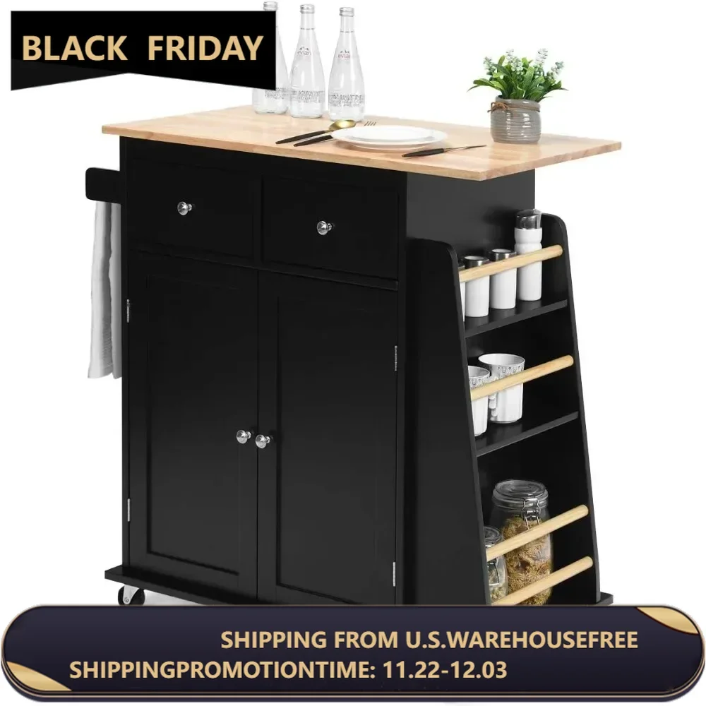 Kitchen Island Cart, Rolling Wood Trolley with Storage Cabinet, Towel Handle, 2 Drawers, Side Spice Rack and Wine Bottle Rack