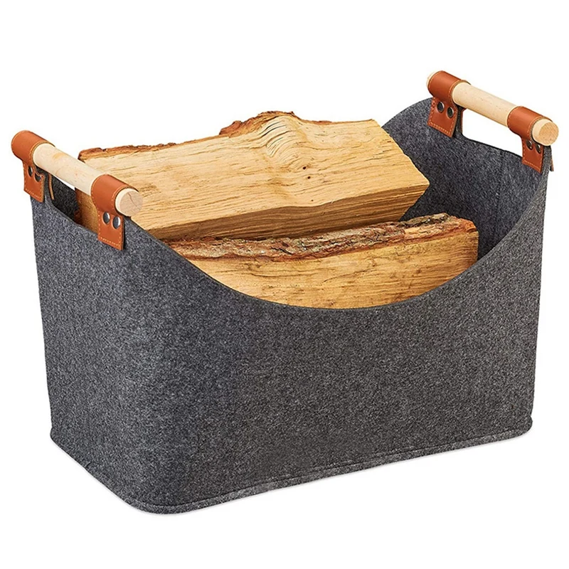 2Xstorage Basket Felt, Foldable Storage Bin With Wood Handles, Storage Box For Wood Firewood Winter 17.7X 12.6X 15.7Inch Durable