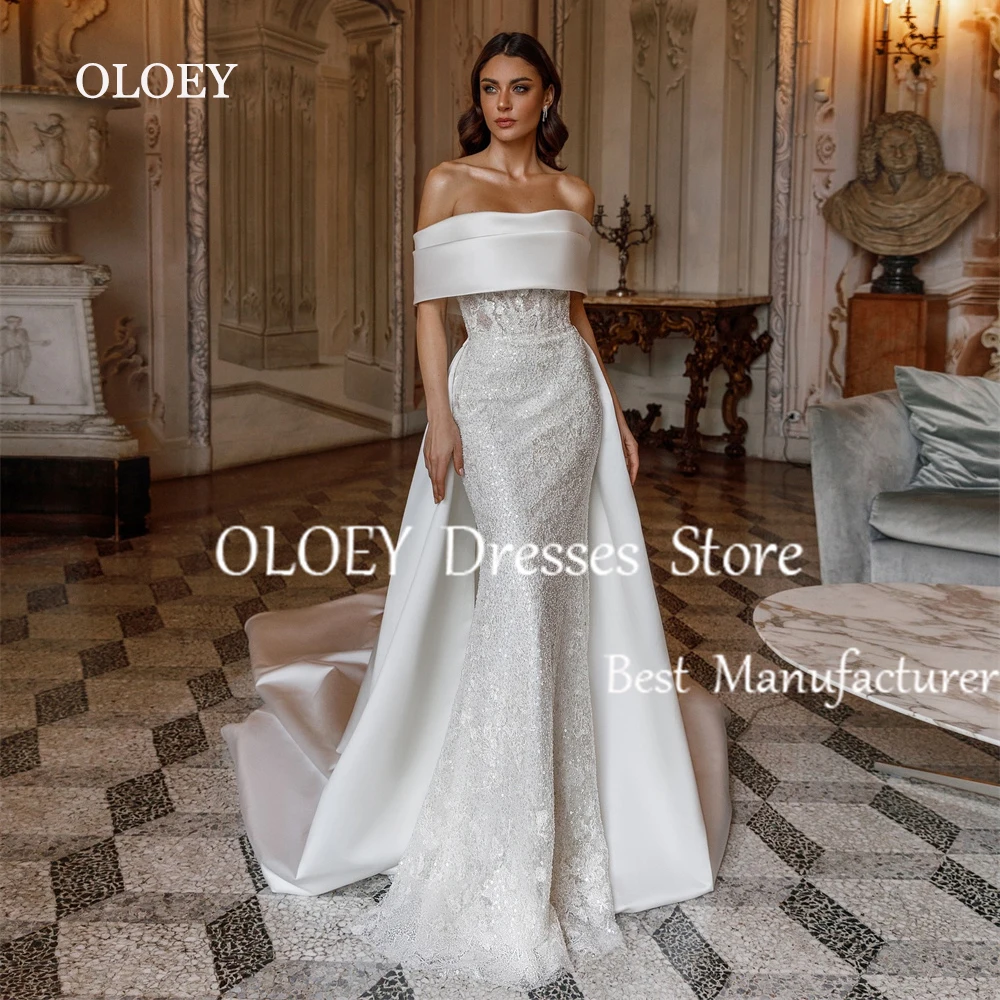 

OLOEY Luxury Lace Mermaid Wedding Dress Detachable Satin Train 2025 Bride Gown Off Shoulder Vestido de Noiva Custom Made