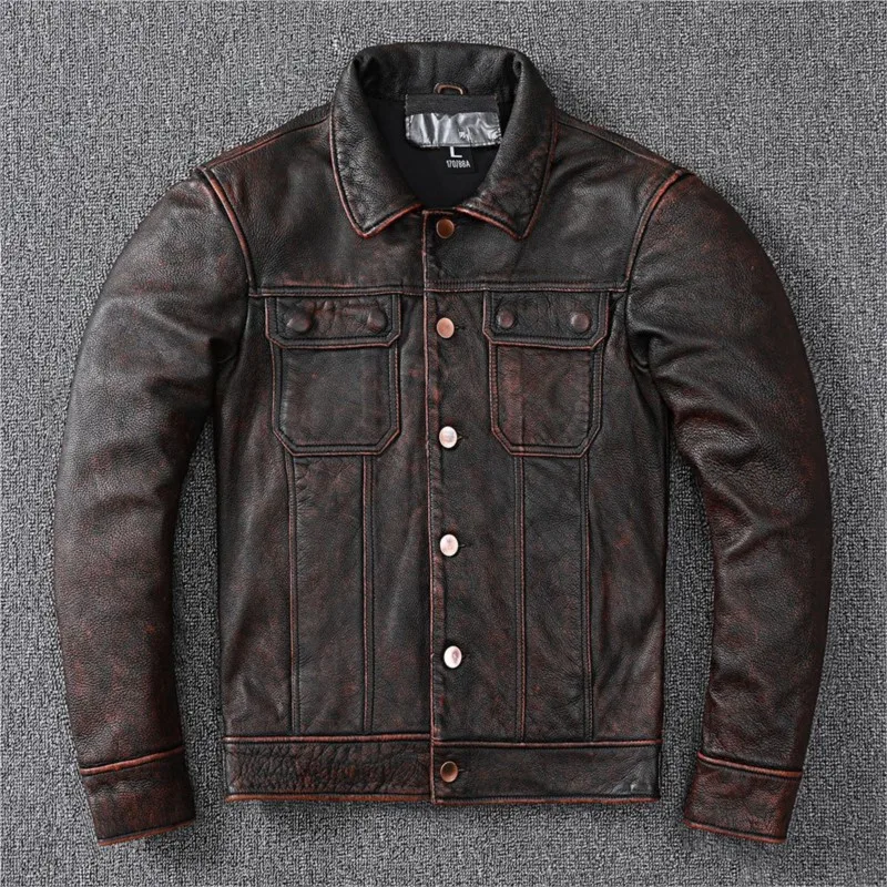 

leather pure top-grain cowhide coat men's stone-ground
