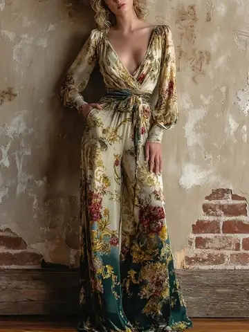 Boho Women's Flower Printed Jumpsuit Deep V-neck Lantern Sleeves High Waist Lace-up Wide Leg One-piece Spring Casual Jumpsuits