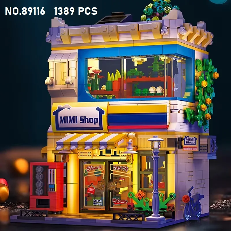 

Creative City Street View Architecture Building Blocks Set Convenience Store Streetscape Construction Brick Toys with Light