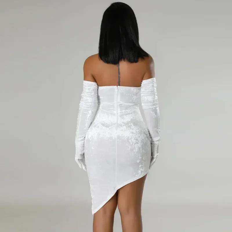 GUWU Piuma senza maniche Sexy Party Women Dress Velluto Night Club Mini abiti senza spalline Abiti aderenti da sera con guanti