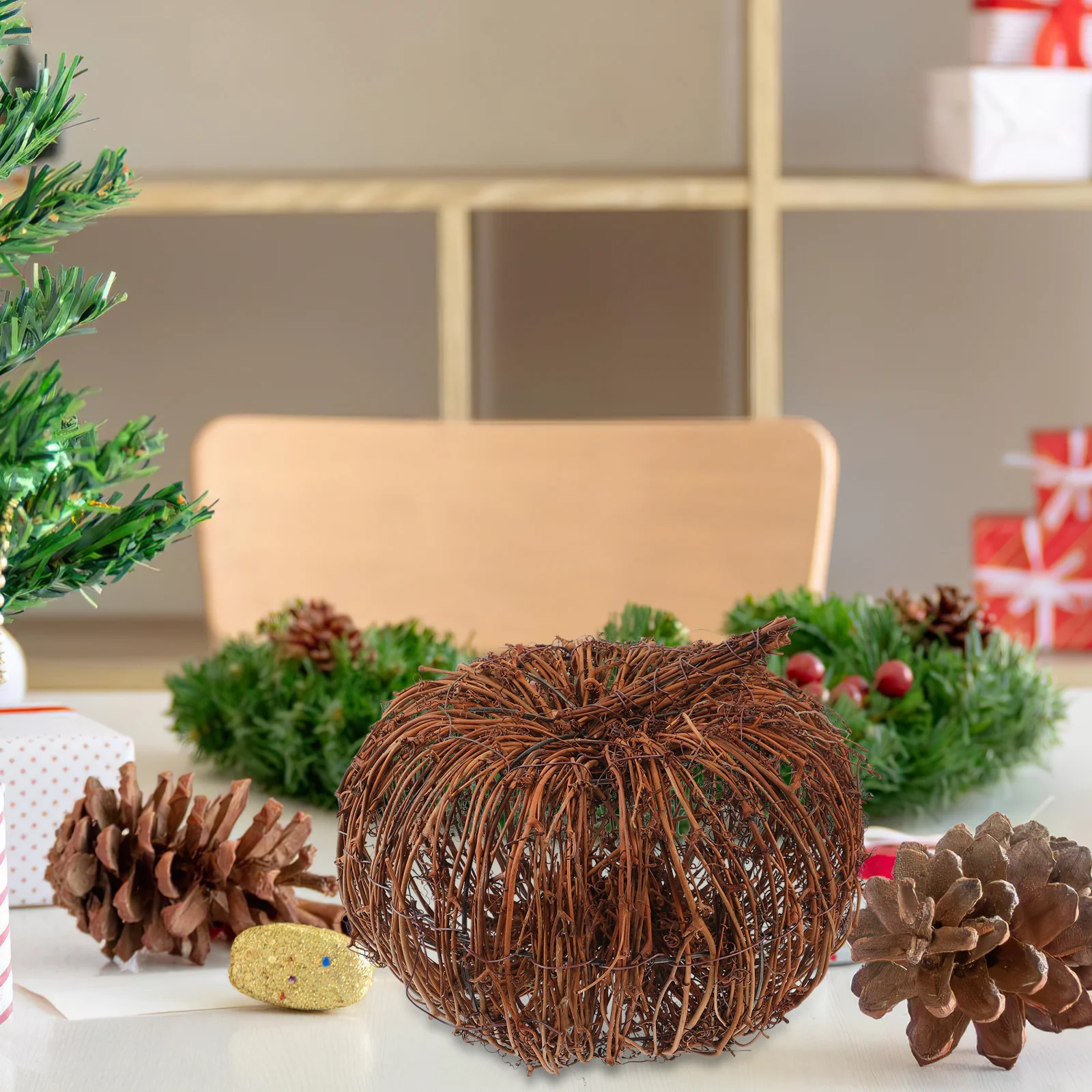 

Natural Rattan Pumpkin Decor Realistic Shape Woven Ornament for Halloween Thanksgiving Christmas Party Interior Decoration