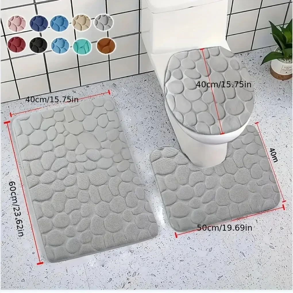 Toilet Seat Cover 3Pcs Set Bath Mat Shower Room Floor Rug Home Bathroom Anti-Slip Absorbent Doormat Pebbles Bathtub Decor Carpet