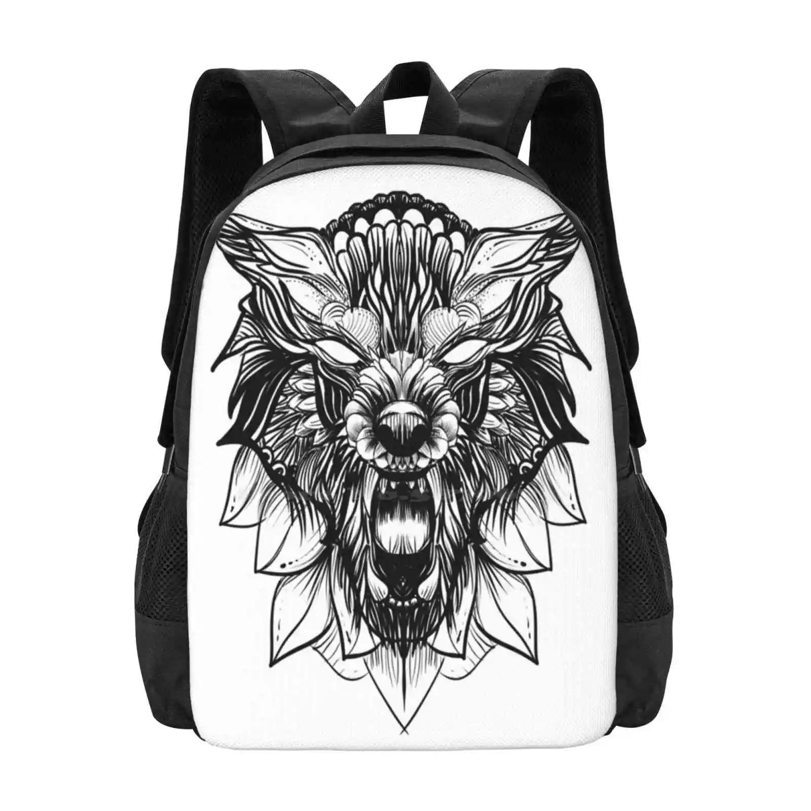 

Wolf Hot Sale Schoolbag Backpack Fashion Bags Animal Warewolf Dog Wild Psychedelic Tribal Runes Ornamental Moon Nature Fauna