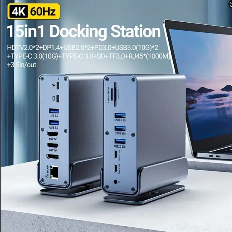 محطة إرساء USB C 15 في 1 محور عمودي 4K HD مع شاشة ثلاثية RJ45 1000M، USB 3.0/2.0، PD 3.0، SD/TF، Audio 3.5 لأجهزة الكمبيوتر المحمول
