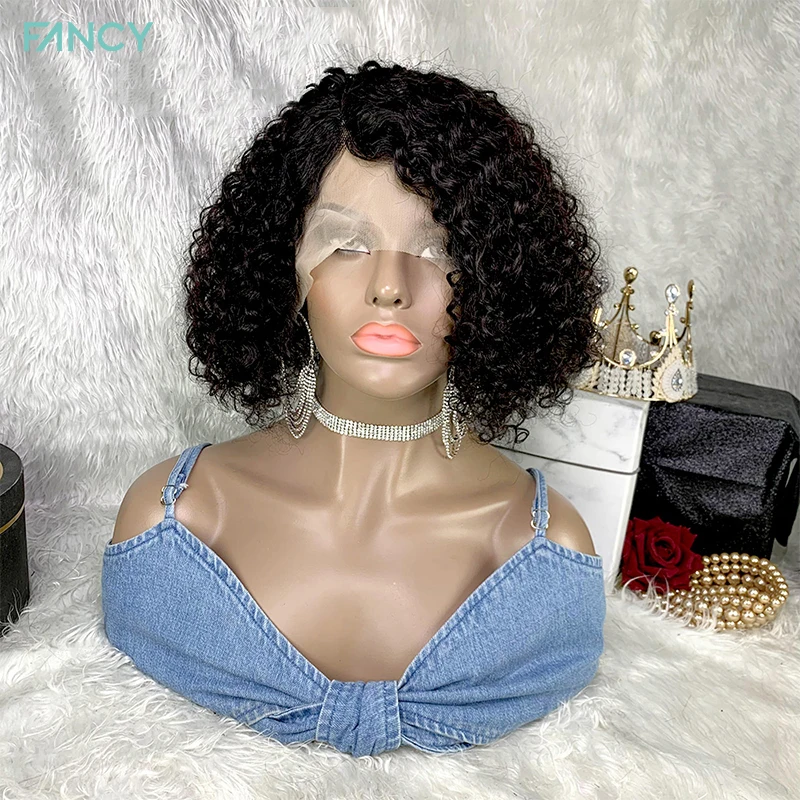 

Fancy Short Curly Bob Wigs Straight T Part Human Hair Wigs Brazilian Virgin Human Hair Wigs for Women Pre Plucked Frontal Wig