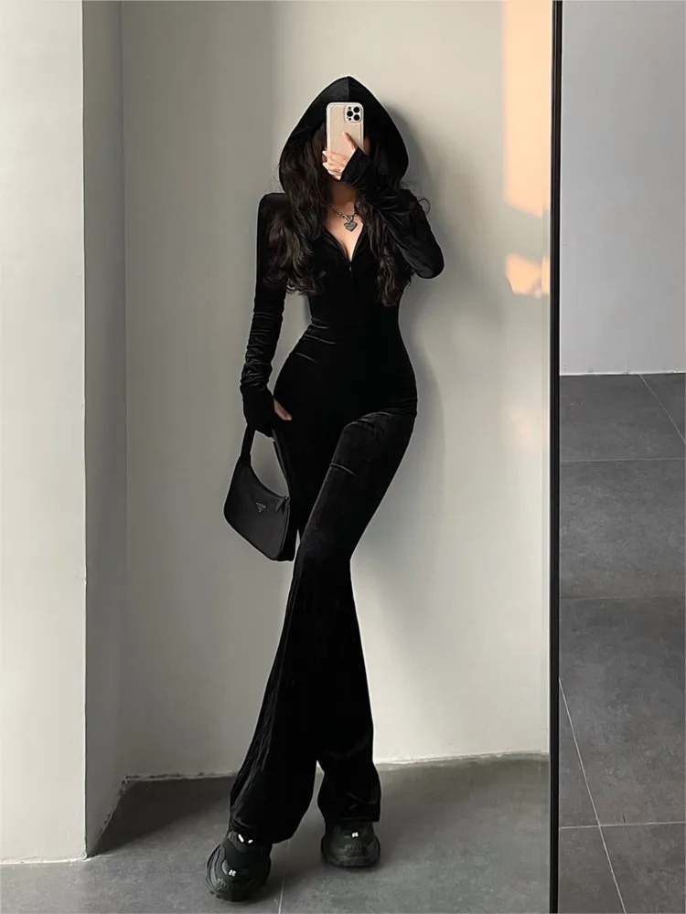 

Autumn Sexy Bodycon Black Velvet Jumpsuit Women Fashion Hooded Zipper Flare Pants Rompers Vintage Y2k Streetwear Winter Outfits