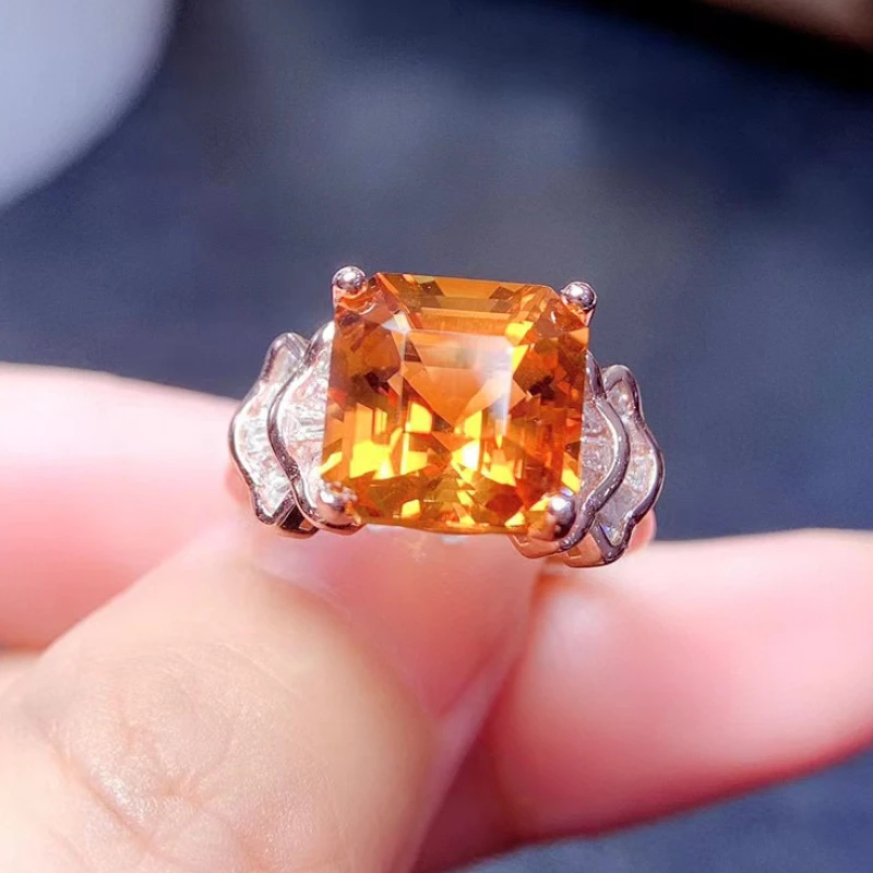 

5ct Square Gemstone Ring 10mm*10mm VVS Grade Natural Citrine Ring for Party 925 Silver Citrine Jewelry